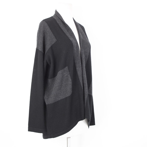 Eileen Fisher Petite Sz LP Black Gray Color Block 100% Merino Wool Wrap Sweater