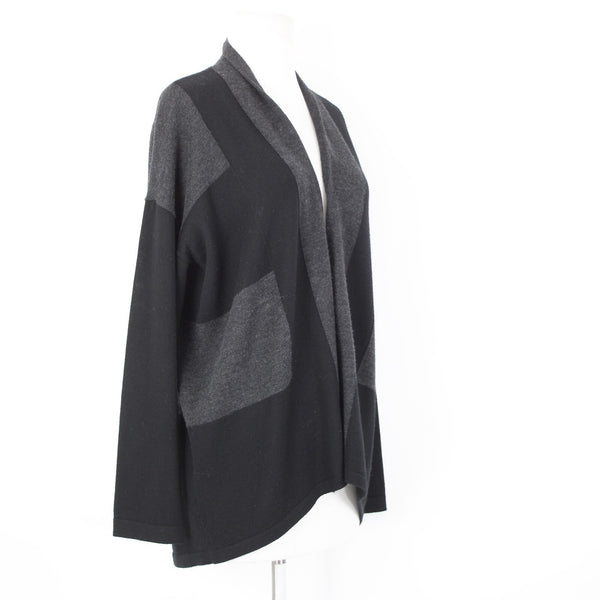 Eileen Fisher Petite Sz LP Black Gray Color Block 100% Merino Wool Wrap Sweater