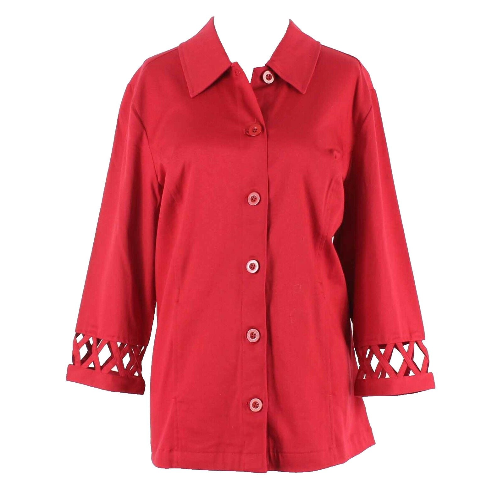Denim & Co Sz M Red Button Up Lattice Cuff Cotton Blend 3/4 Sleeve Jacket