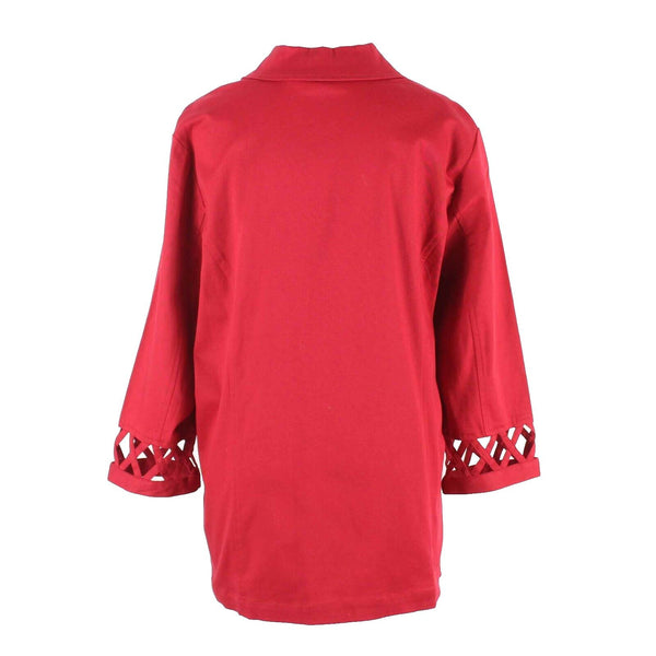 Denim & Co Sz M Red Button Up Lattice Cuff Cotton Blend 3/4 Sleeve Jacket