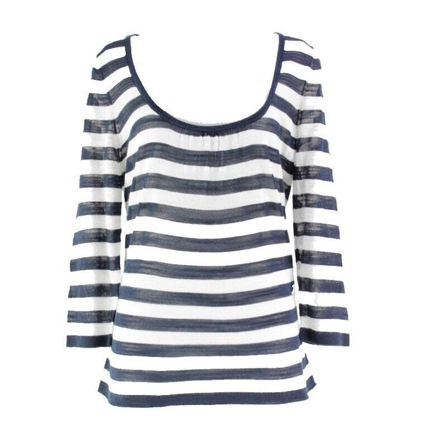 Ellen Tracy Sz M Navy White Stripes Rayon Acrylic Nylon Layer Look Knit Top