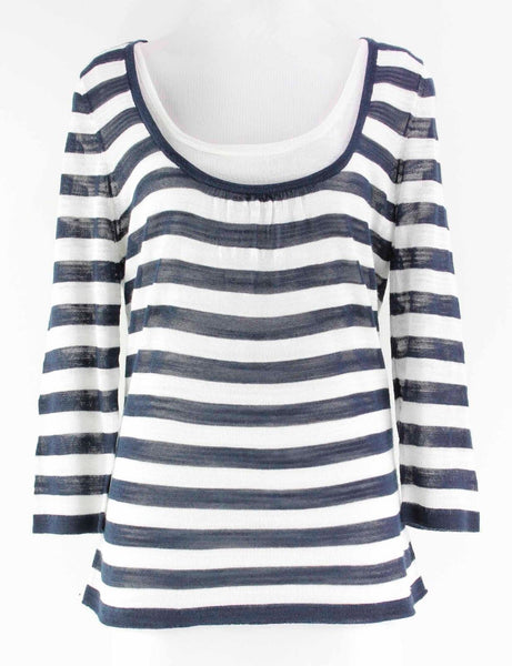 Ellen Tracy Sz M Navy White Stripes Rayon Acrylic Nylon Layer Look Knit Top