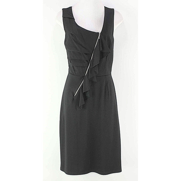 Lily Sz S Black Pleated Asymmetrical Ruffle Zippered Poly Rayon Blend Dress