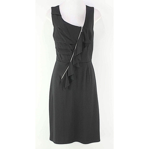 Lily Sz S Black Pleated Asymmetrical Ruffle Zippered Poly Rayon Blend Dress