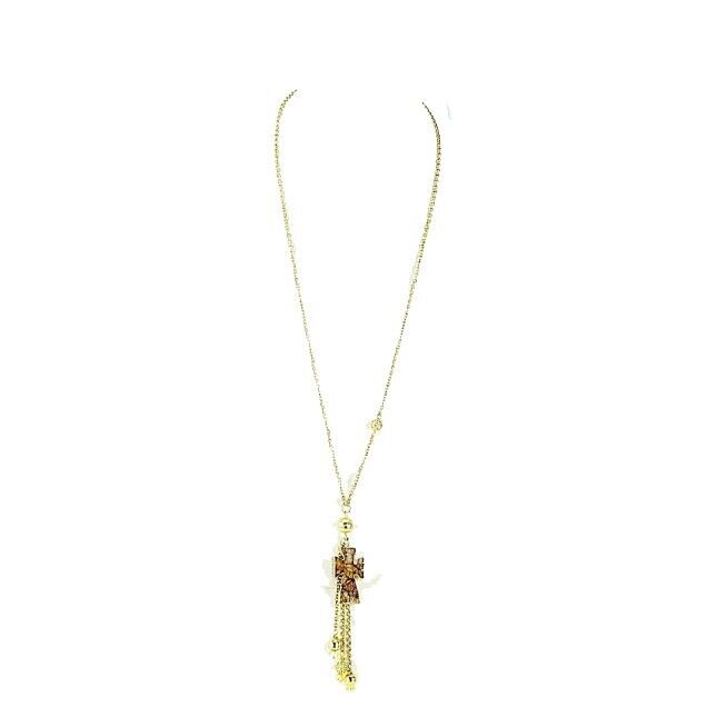 Drusy Sz 18" Gold Rhinestone Stone Cross Beaded Dangle Necklace