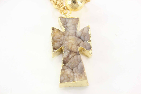 Drusy Sz 18" Gold Rhinestone Stone Cross Beaded Dangle Necklace