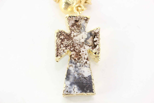 Drusy Sz 18" Gold Rhinestone Stone Cross Beaded Dangle Necklace
