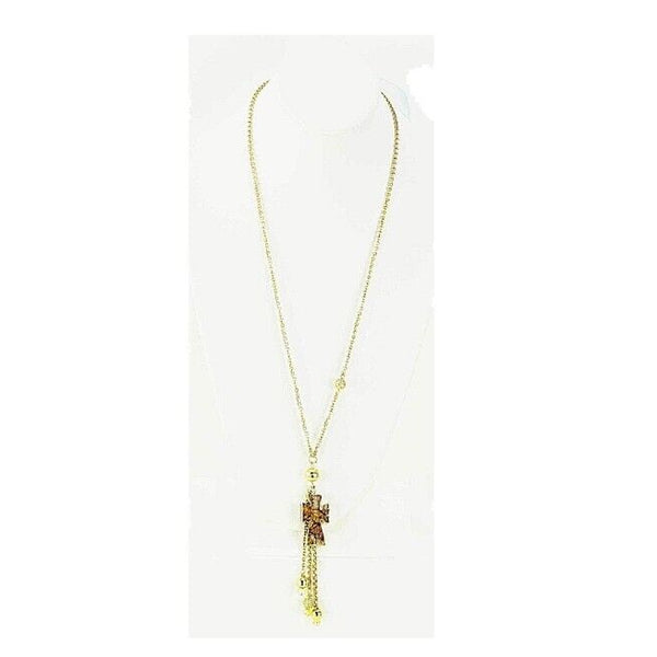 Drusy Sz 18" Gold Rhinestone Stone Cross Beaded Dangle Necklace
