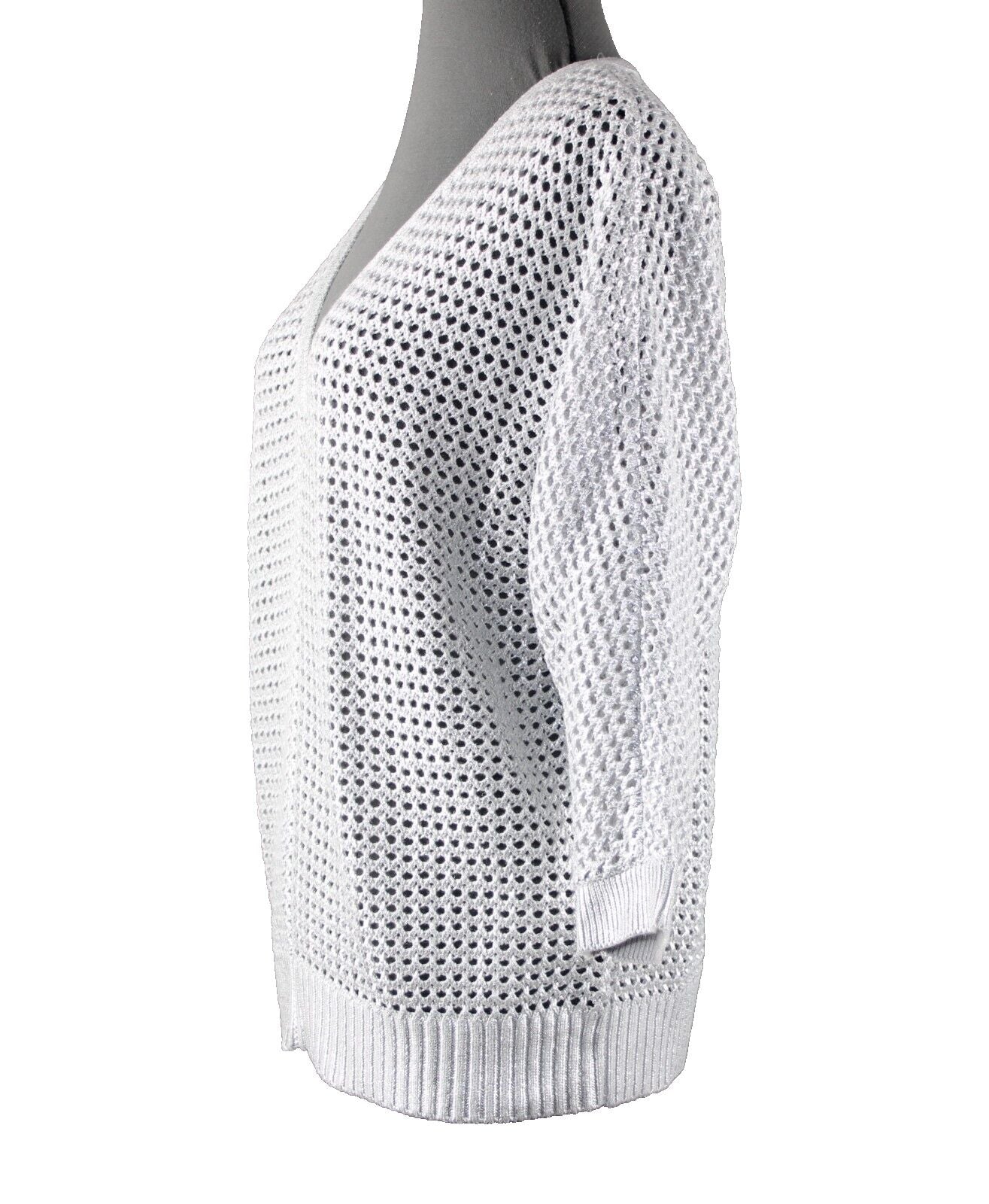 Chicos NEW $99 Sz 1 Silver V Neck Open Box Weave 3/4 Sleeve Cotton Blend Sweater