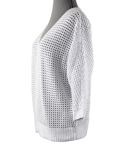 Chicos NEW $99 Sz 1 Silver V Neck Open Box Weave 3/4 Sleeve Cotton Blend Sweater