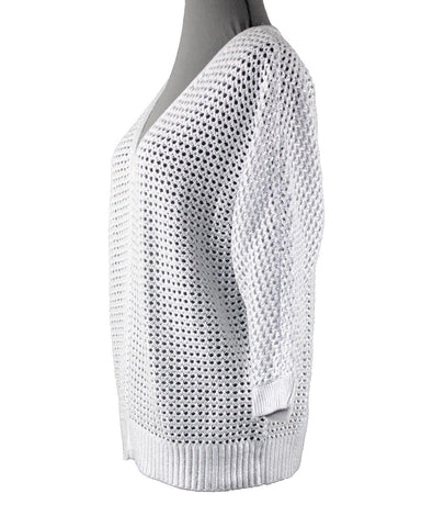 Chicos NEW $99 Sz 1 Silver V Neck Open Box Weave 3/4 Sleeve Cotton Blend Sweater