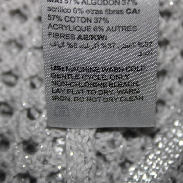 Chicos NEW $99 Sz 1 Silver V Neck Open Box Weave 3/4 Sleeve Cotton Blend Sweater
