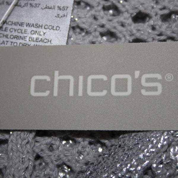 Chicos NEW $99 Sz 1 Silver V Neck Open Box Weave 3/4 Sleeve Cotton Blend Sweater