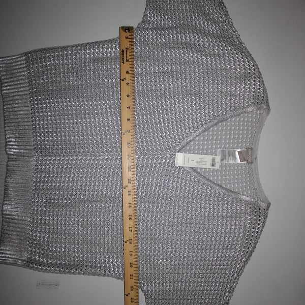 Chicos NEW $99 Sz 1 Silver V Neck Open Box Weave 3/4 Sleeve Cotton Blend Sweater