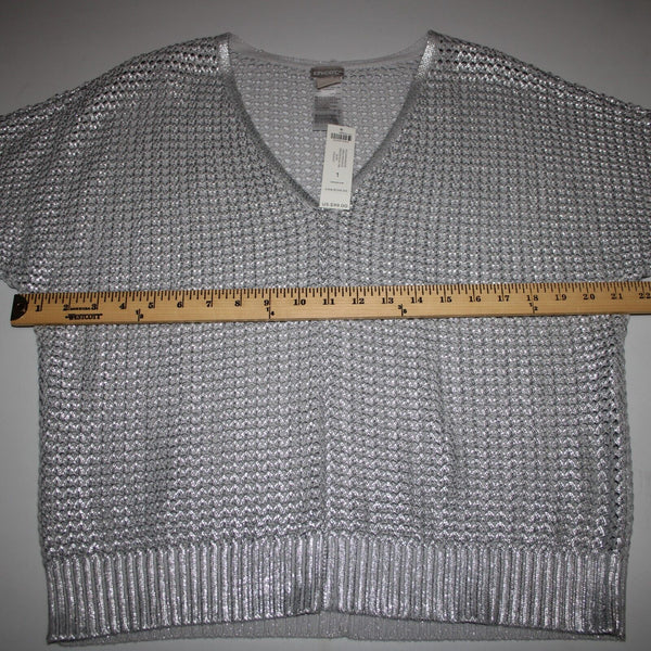 Chicos NEW $99 Sz 1 Silver V Neck Open Box Weave 3/4 Sleeve Cotton Blend Sweater