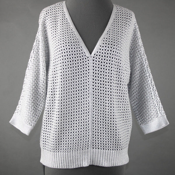 Chicos NEW $99 Sz 1 Silver V Neck Open Box Weave 3/4 Sleeve Cotton Blend Sweater