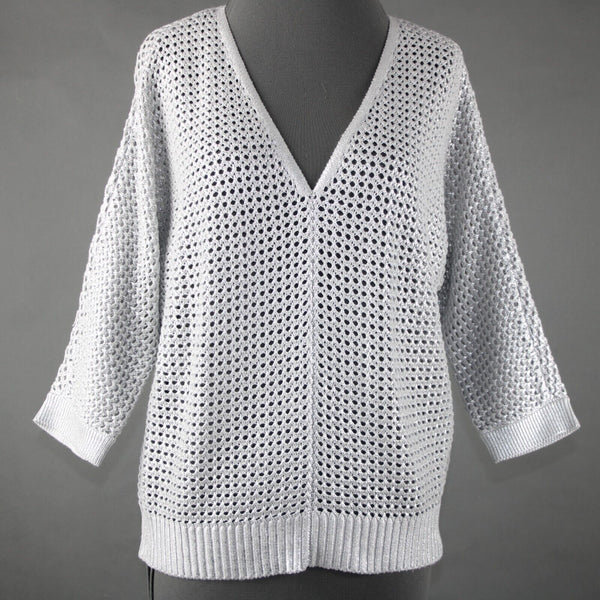 Chicos NEW $99 Sz 1 Silver V Neck Open Box Weave 3/4 Sleeve Cotton Blend Sweater