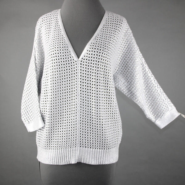 Chicos NEW $99 Sz 1 Silver V Neck Open Box Weave 3/4 Sleeve Cotton Blend Sweater