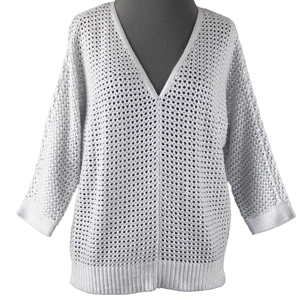 Chicos NEW $99 Sz 1 Silver V Neck Open Box Weave 3/4 Sleeve Cotton Blend Sweater