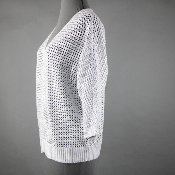 Chicos NEW $99 Sz 1 Silver V Neck Open Box Weave 3/4 Sleeve Cotton Blend Sweater