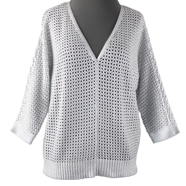 Chicos NEW $99 Sz 1 Silver V Neck Open Box Weave 3/4 Sleeve Cotton Blend Sweater
