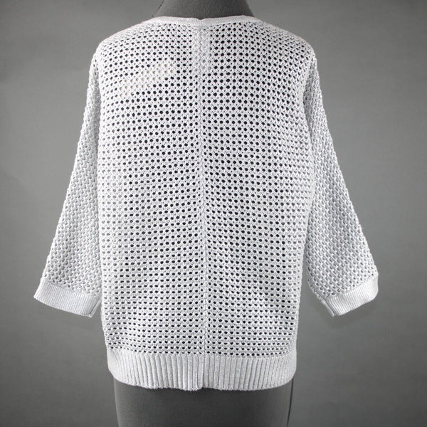 Chicos NEW $99 Sz 1 Silver V Neck Open Box Weave 3/4 Sleeve Cotton Blend Sweater
