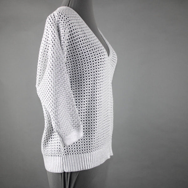 Chicos NEW $99 Sz 1 Silver V Neck Open Box Weave 3/4 Sleeve Cotton Blend Sweater