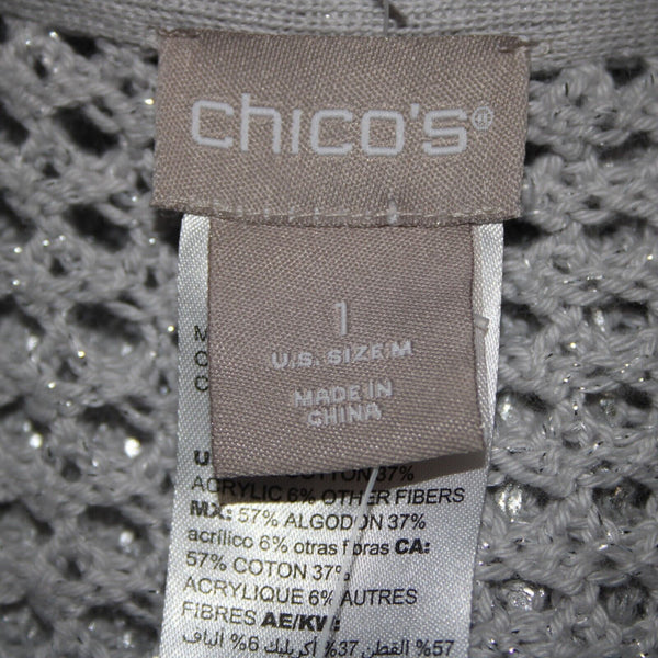 Chicos NEW $99 Sz 1 Silver V Neck Open Box Weave 3/4 Sleeve Cotton Blend Sweater