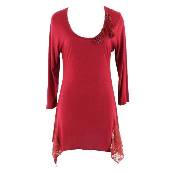 K. Jordan M Burgundy Beads Rosettes Lace Boho Asym Viscose Elastane Top