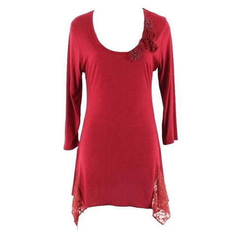 K. Jordan M Burgundy Beads Rosettes Lace Boho Asym Viscose Elastane Top