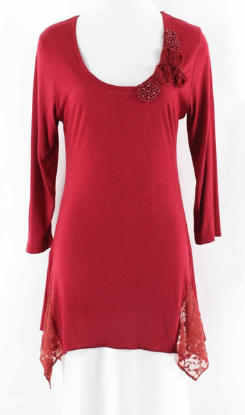 K. Jordan M Burgundy Beads Rosettes Lace Boho Asym Viscose Elastane Top