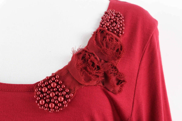 K. Jordan M Burgundy Beads Rosettes Lace Boho Asym Viscose Elastane Top