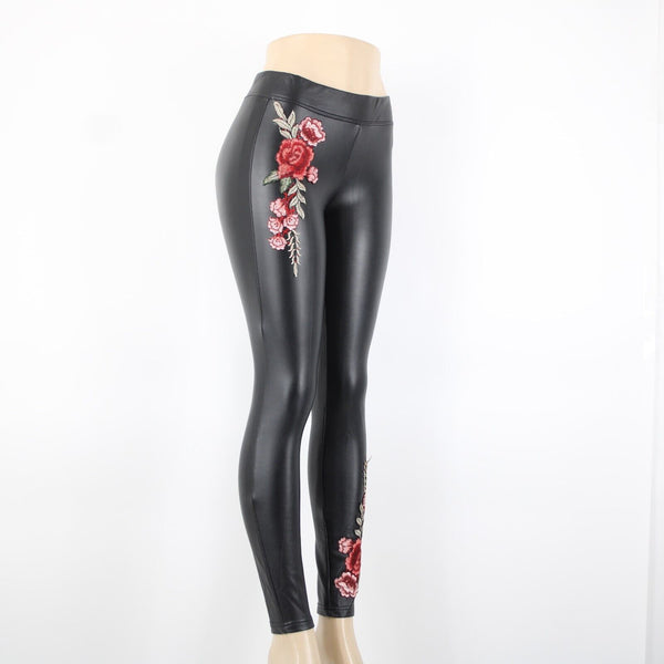 Boom Boom Jean Sz M x 29 Black Rose Embroid Elastic Waist 100% Polyurethane Pant