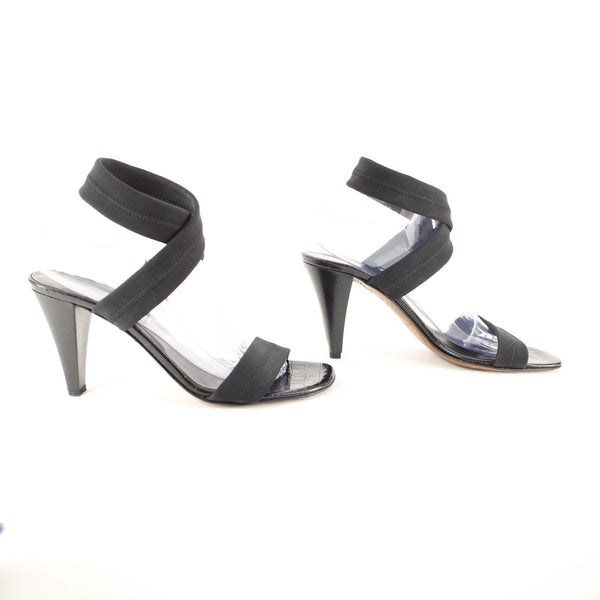 Donald J Pliner Sz 9.5 M Black Ankle Strap Leather Fabric 3.5" Heels