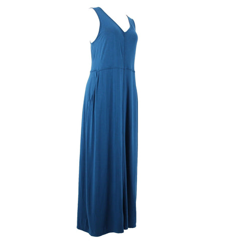 J Jill Sz M Blue Sleeveless Pockets V Neck Open Back Rayon Spandex Dress