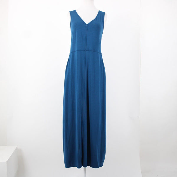 J Jill Sz M Blue Sleeveless Pockets V Neck Open Back Rayon Spandex Dress