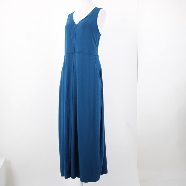 J Jill Sz M Blue Sleeveless Pockets V Neck Open Back Rayon Spandex Dress
