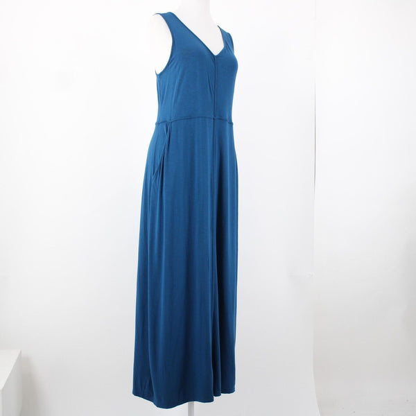 J Jill Sz M Blue Sleeveless Pockets V Neck Open Back Rayon Spandex Dress