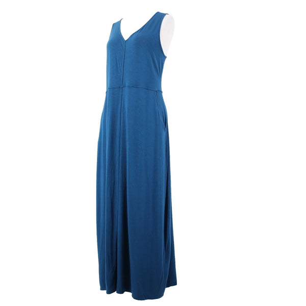 J Jill Sz M Blue Sleeveless Pockets V Neck Open Back Rayon Spandex Dress