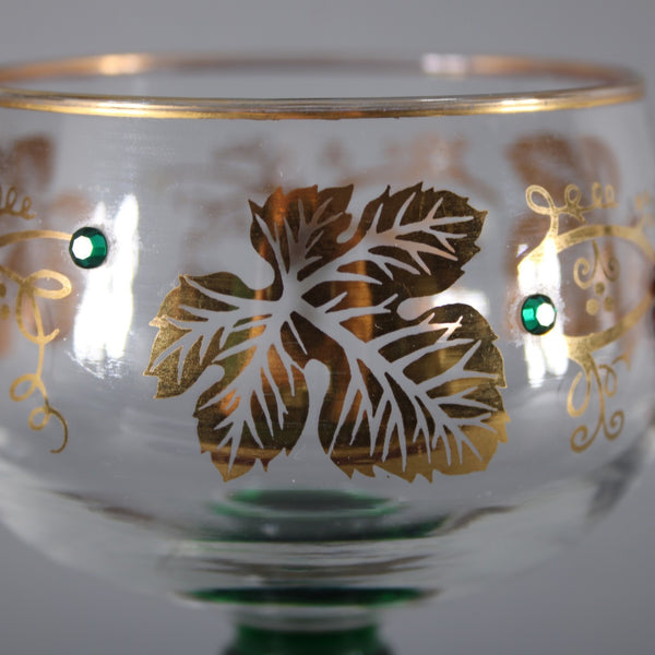 Bohemian Unbranded Wine Glass Green Gold Rhinestones Striated Vintage Wine Glass