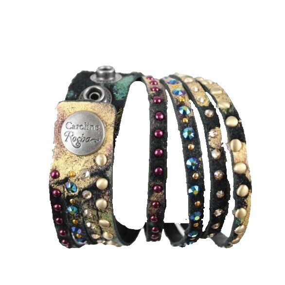 Caroline Rocha Black Gold Multi Swarovski Crystals Leather 16" Wrap Bracelet