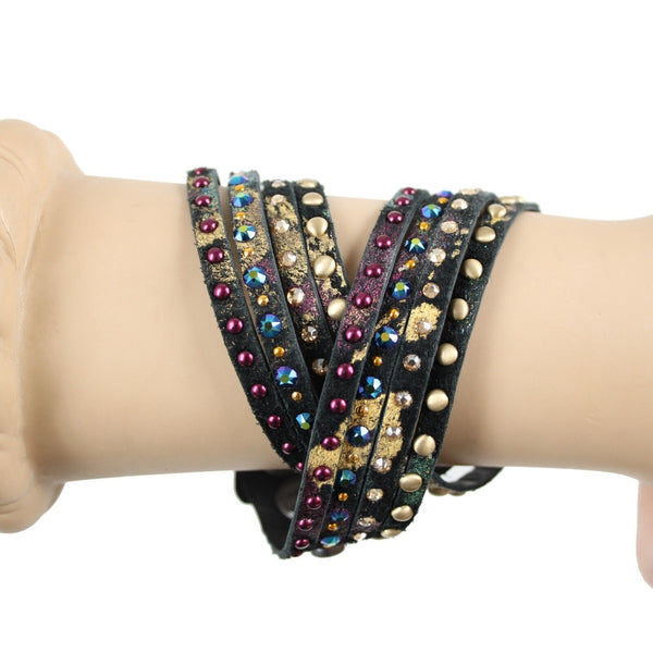 Caroline Rocha Black Gold Multi Swarovski Crystals Leather 16" Wrap Bracelet