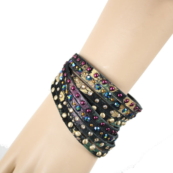 Caroline Rocha Black Gold Multi Swarovski Crystals Leather 16" Wrap Bracelet