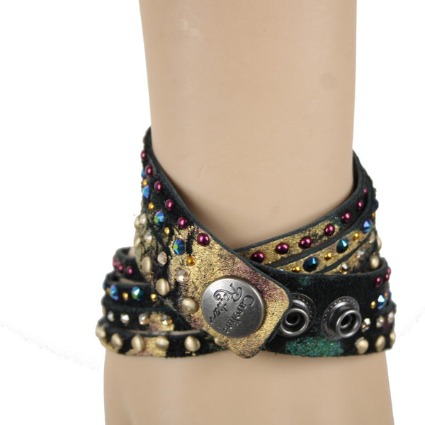 Caroline Rocha Black Gold Multi Swarovski Crystals Leather 16" Wrap Bracelet