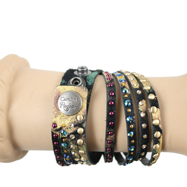 Caroline Rocha Black Gold Multi Swarovski Crystals Leather 16" Wrap Bracelet