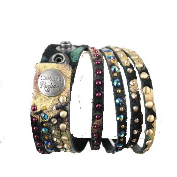 Caroline Rocha Black Gold Multi Swarovski Crystals Leather 16" Wrap Bracelet