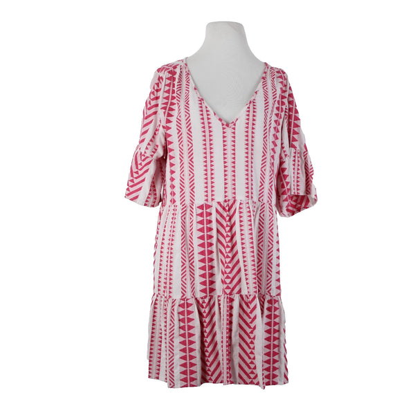 Velvet Sz M White Pink V Neck Ruffled Short Sleeve Pullover 100% Cotton Dress
