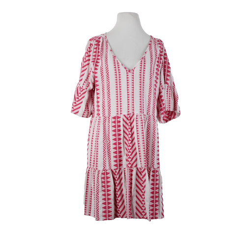Velvet Sz M White Pink V Neck Ruffled Short Sleeve Pullover 100% Cotton Dress