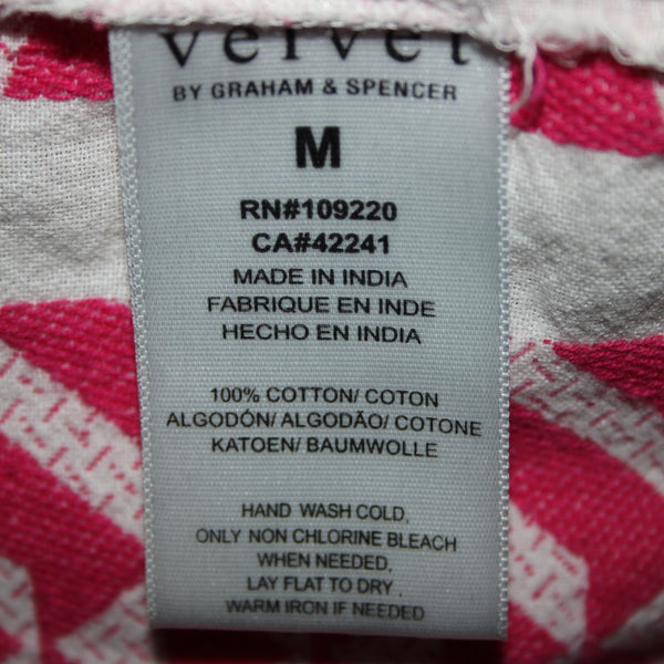 Velvet Sz M White Pink V Neck Ruffled Short Sleeve Pullover 100% Cotton Dress