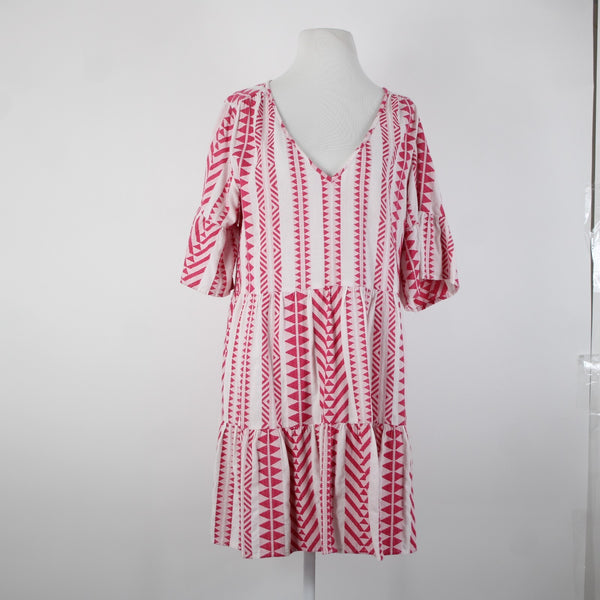 Velvet Sz M White Pink V Neck Ruffled Short Sleeve Pullover 100% Cotton Dress